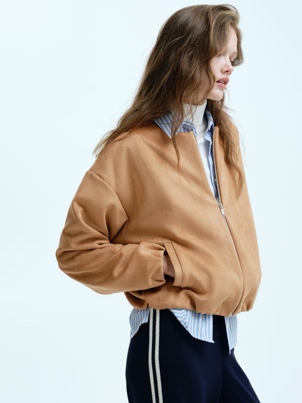 Women's Camel Bomber Jacket - Casual Zip Front Coat